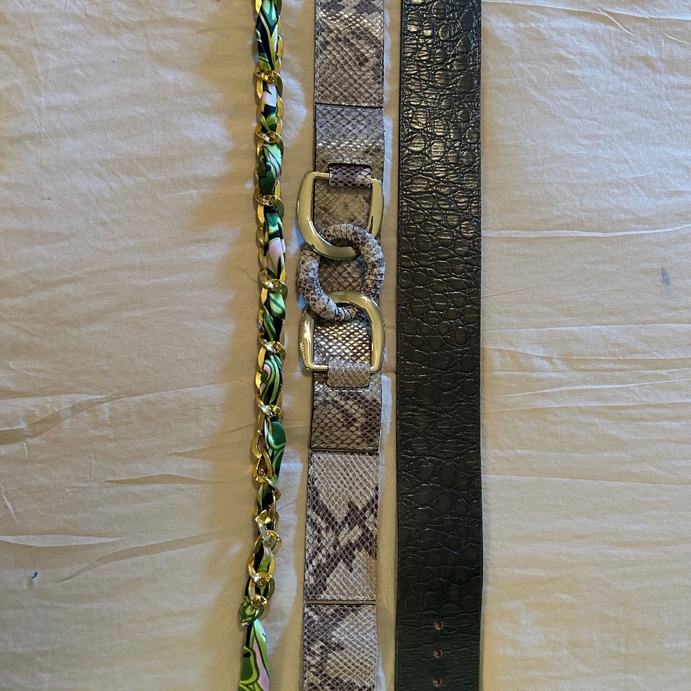 Lot of three belts. Size small. Leather and satin.